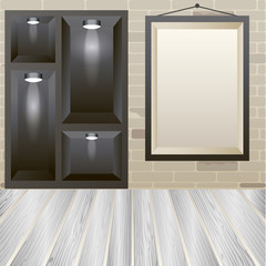 Frame on the grey brick wall with furniture, mock up frame