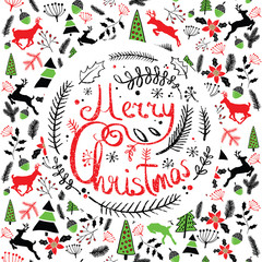 Vector illustration of a Christmas wreath. Stylized round spruce branches. Lettering. Caption. Doodle. Background with Typography. Greeting card. Pattern.
