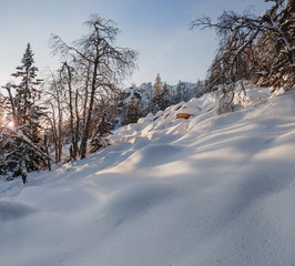idillic mountain winter landscape with snow drifts and snowcovered trees