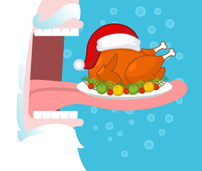 Santa eating Christmas turkey. Open mouth and teeth. Long tongue