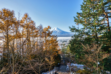 Mt. Fuji with red pagoda, Fujiyoshida, Japan