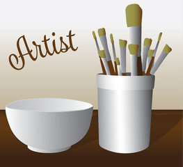 Neutral color paint brushes and bowl with artist text vector illustration on brown and white background. Painting or ceramics and pottery