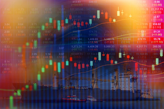 Double exposure of stocks market chart concept with International Container Cargo ship in the ocean, Freight Transportation, Shipping, Nautical Vessel