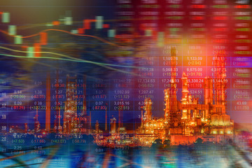 Stock market concept with oil refinery industry background,Double exposure.,