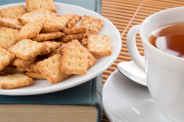 Cup of tea and a plate of crackers close-up