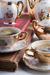 Hot coffee and retro crockery for breakfast