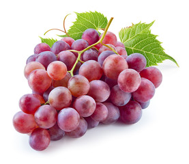 Ripe red grape with leaves isolated on white. With clipping path