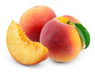 Peach with slice and leaf isolated on white. With clipping path.