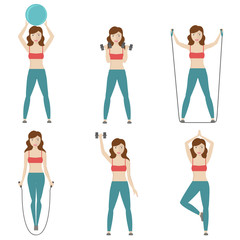 Fitness, Aerobic and workout exercise in gym. Vector set of gym icons in flat style isolated on white background. People in gym. Gym equipment, dumbbell, weights, ball