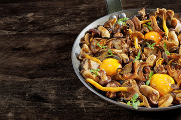 Frying pan steel with mushrooms and soft egg yolks.