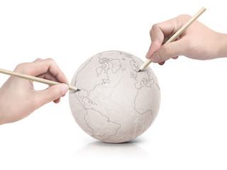 Two hand stroke drawing America map on paper ball on white background