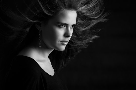 black and white fashion portrait of young woman
