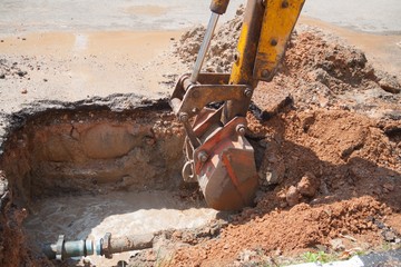 Excavator bucket selective focus, bulldozer work 