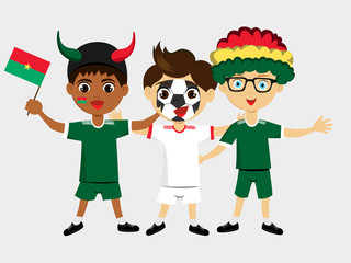 Fan of Burkina Faso national football team, sports. Boy with flag in the colors of the state command with sports paraphernalia. Kid with national flag.