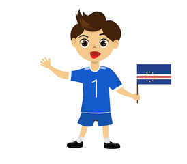 Fan of Cape Verde national football team, sports. Boy with flag in the colors of the state command with sports paraphernalia. Kid with national flag.