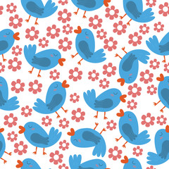 Birds. Seamless pattern with cute little birds and flowers