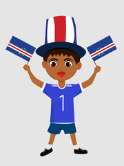 Fan of Cape Verde national football team, sports. Boy with flag in the colors of the state command with sports paraphernalia. Kid with national flag.