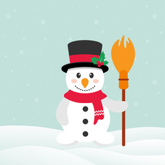 cute snowman with broom and snow