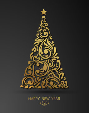 Stylized Golden Christmas Tree Decoration Made From Swirl Shapes. New Year Design Template. Vector