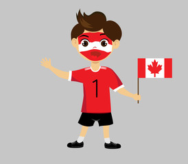 Fan of Canada national football team, sports. Boy with flag in the colors of the national command with sports paraphernalia. Kid with national flag.