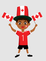 Fan of Canada national football team, sports. Boy with flag in the colors of the national command with sports paraphernalia. Kid with national flag.