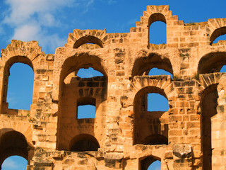 El Djem Coliseum, ancient amphitheater in Tunisia. Close up deta