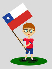 Fan of Chile national football team, sports. Boy with flag in the colors of the national command with sports paraphernalia. Kid with national flag.