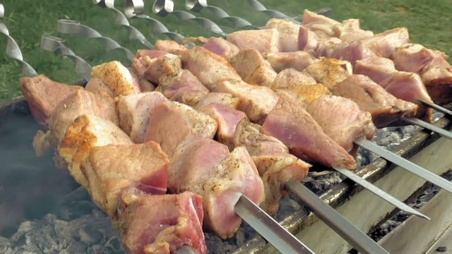 Barbeque skewers with meat cooking on hot coal ember brazier Outdoors picnic concept.