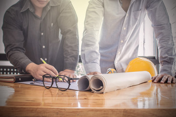 image of the architectural project engineer. Vintage tone and engineering tools in the workplace.