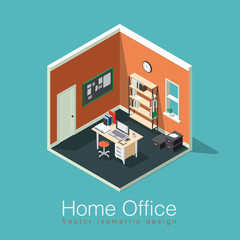 Home office concept isometric vector illustration. Isometric side view interior home office room with bookshelf, desk, notes board, clocks, box, chair, books, laptop / computer, papers, coffee cup