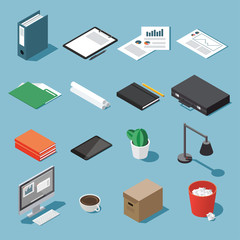 Isometric office equipment vector set: paperwork, tablet, clipboard, book, folder, pen and pencil, table lamp, desktop, case, diagram, open book and organizer, trash can,box, rolls of paper, cactus.