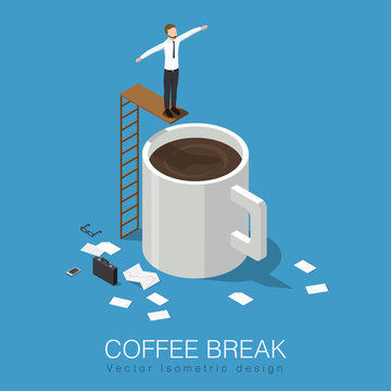 Coffee break isometric concept stock vector illustration. Business man has a break, leaves his case, papers, phone and glasses then jumps to the giant cup of coffee.