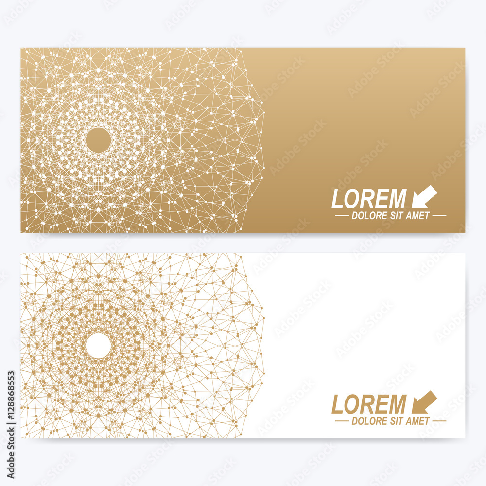 Poster Modern set of vector banners. Geometric abstract presentation with golden mandala. Molecule and communication background for medicine, science, technology, chemistry. Digital or science representation