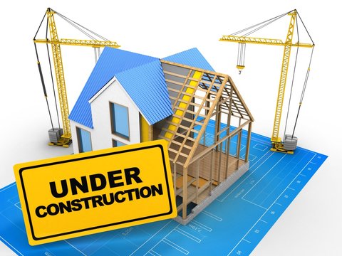 3d illustration of house construction over bluprint paper background with cranes