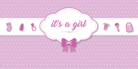 Fototapeta premium schöne Design Karte zur Geburt eines Mädchens mit It's a girl in Rosa