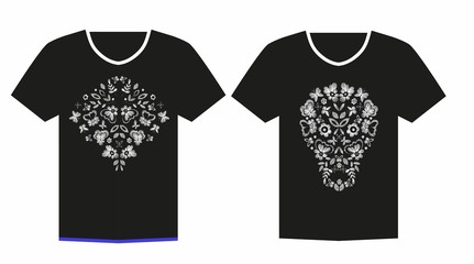 T-shirt design with skull , flowers , butterflies. Black and white  vector illustration hand drawn.

