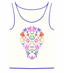 T-shirt design with skull , flowers , butterflies. Colorful vector illustration hand drawn.
