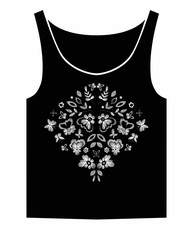 T-shirt design with flowers , leaves and butterflies. Black and white vector illustration hand drawn.