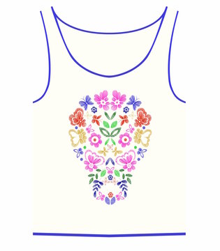 T-shirt design with skull , flowers , butterflies. Colorful vector illustration hand drawn.

