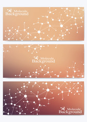 Modern set of vector banners. Geometric abstract presentation. Molecule DNA and communication background for medicine, science, technology, chemistry. Cybernetic dots. Lines plexus.
