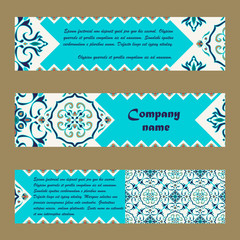 Vector set of colorful horisontal banners for business and invitation. Portuguese, Azulejo, Moroccan; Arabic; asian ornaments