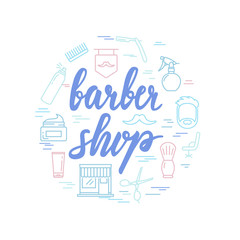 Barber shop lettering with icons. Calligraphy font
