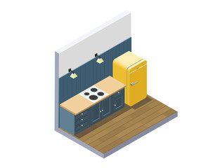 Vector isometric illustration of kitchen furniture, home equipment.