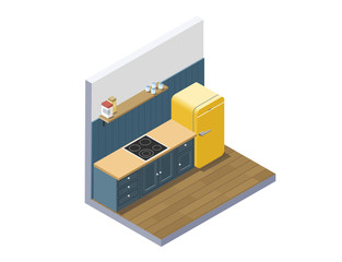 Vector isometric illustration of kitchen furniture, home equipment.