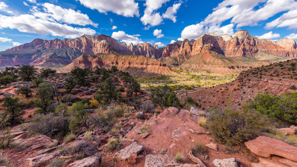Scenic view of the canyon. The breathtaking views of the valley. Zion National Park, Utah, USA