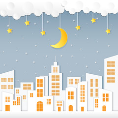 Night background with white city and moon hanging, vector illustration