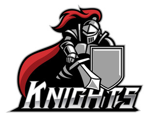 knight mascot with shield - obrazy, fototapety, plakaty