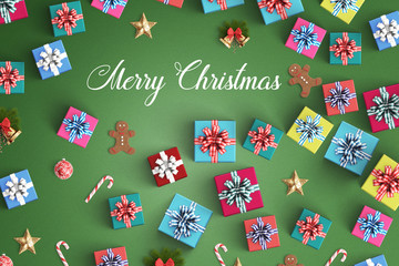 Fototapeta na wymiar Merry Christmas and gift box on black background