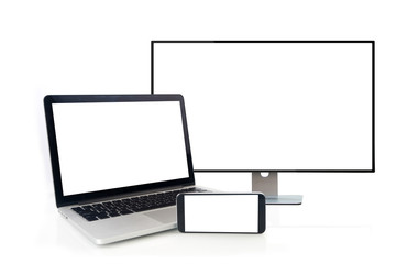 blank screen on laptop, cell phone, monitor on isolated white ba