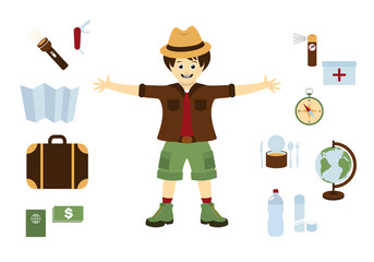 Cartoon traveler with travel tools. Travel icons set. Vector illustration of travel